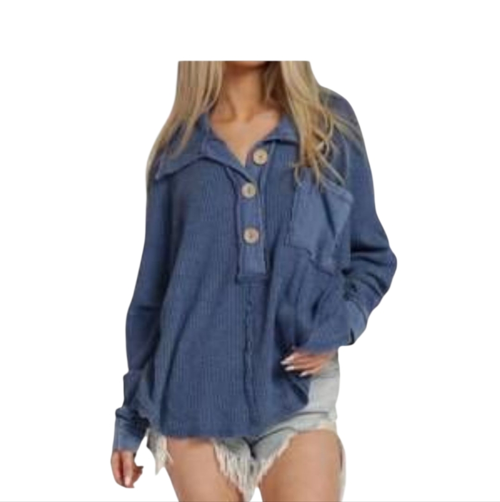 Blue Buttercup Cotton blend Waffle Thermal Textured Top Oversized Medium - Picture 8 of 12